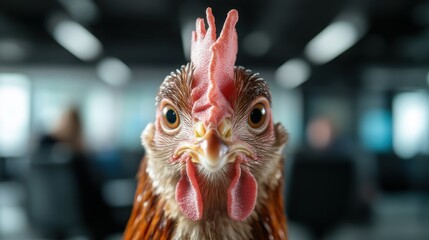A striking close-up portrait of a chicken, showcasing its vibrant plumage and inquisitive expression, set against a blurred backdrop of an office environment, merging nature and modernity.