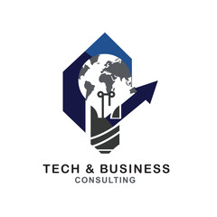 Abstract tech and business consulting logo featuring a stylized lightbulb with a globe and upward arrow, symbolizing global ideas and growth.