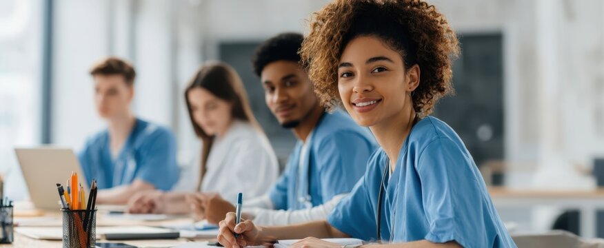 The young healthcare students engaged in collaborative learning and discussion.