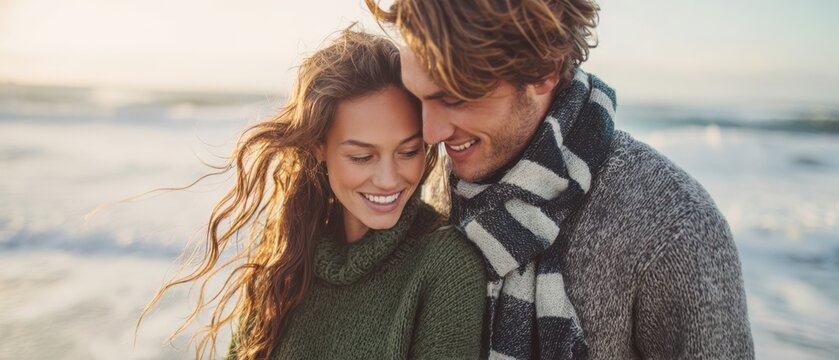 The joyful couple sharing a romantic moment on the beach at sunset.