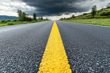 Highway stretching into a dark cloudy sky
