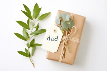 Gift Box Wrapped With Kraft Paper and Adorned With a Dad Tag and Fresh Greenery for a Special Occasion