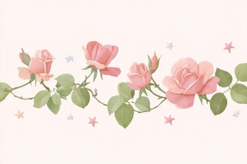 Hand-painted Border Design Featuring Delicate Thorny Vines and Blooming Roses in Pastel Shades With Scattered Stars