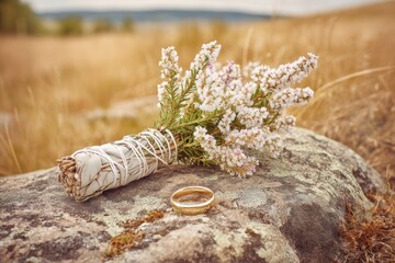 Herbal Smudge Bundle and Wedding Ring Resting on a Wild Stone in Nature During Golden Hour