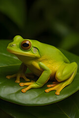 Obraz premium Close-up of a vibrant green tree frog with large eyes, sitting calmly on a broad green leaf.