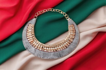 Beautiful Macro Shot of a Traditional African Cultural Necklace Displayed on Colorful Fabric