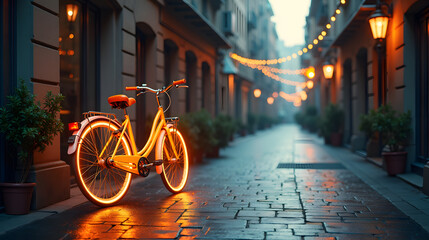 A bicycle glowing in a dreamlike city alley