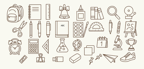 Outline vector set of school supplies: backpacks, notebooks, tools, science and creativity. Ideal for school posters, blogs, presentations and printed products.