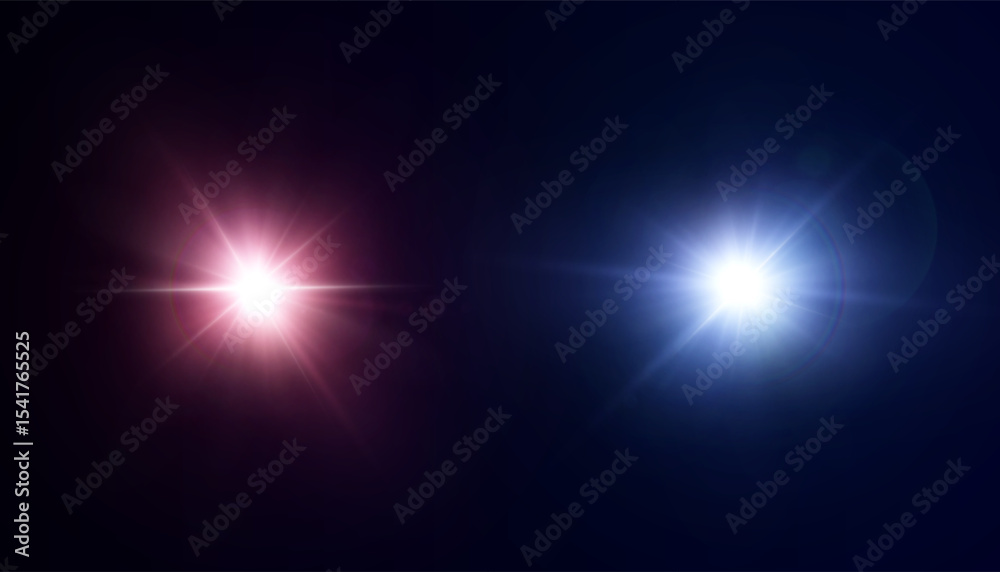 Poster Set of Bright Flashes of Light with Glare and Light Scattering on Dark Background. Glow Elements for Visual Effects. Vector