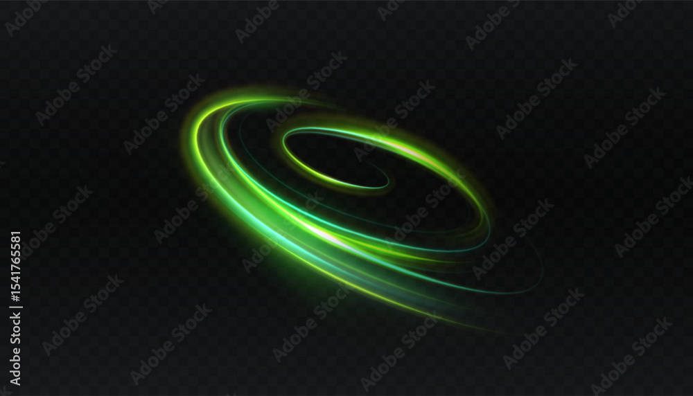 Poster Green rotating light swirl with speed effect on dark background. Bright neon swirl with shimmering glow and glitter elements.