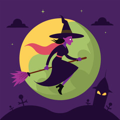 halloween witch flying on broom