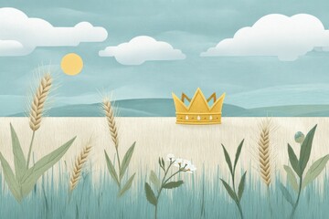 Seasonal Solstice Print Featuring a Golden Crown Amidst a Muted Tone Field With Soft Clouds and Sunlight