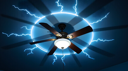 A ceiling fan with circular lightning patterns