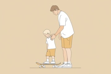 Dad Teaches Child to Skateboard on a Sunny Day in the Park, Fostering Confidence and Skill Development
