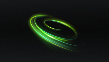 Green rotating light swirl with speed effect on dark background. Bright neon swirl with shimmering glow and glitter elements.