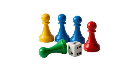Colorful board game pieces and dice for family fun and entertainment isolated on white background studio shot on transparent background