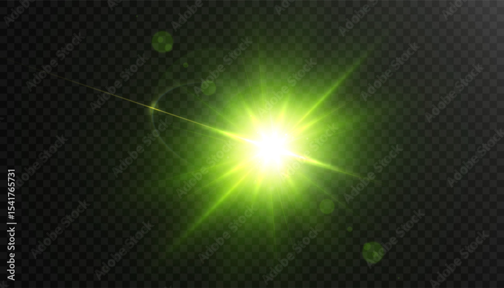 Poster Glowing green beam with glow and flash on dark background. Abstract energy effect in sci-fi style, creating an atmosphere of tension and power.