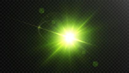 Glowing green beam with glow and flash on dark background. Abstract energy effect in sci-fi style, creating an atmosphere of tension and power.