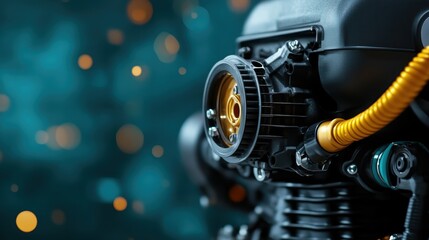 An artistic close-up of a motorcycle engine component, capturing the detailed mechanics and shiny surfaces, symbolizing power and engineering excellence in modern design.
