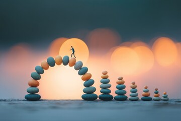 Silhouette of a Person Pushing Stones While Balancing on an Arch at Sunset