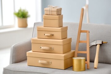 Stack of Beautifully Wrapped Gifts and a Toolbox Arranged Artistically in a Cozy Living Room Setting for a Special Occasion