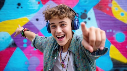 Energetic teenage boy wearing headphones, dancing and pointing to the camera with a wide grin, colorful abstract background, motion blur