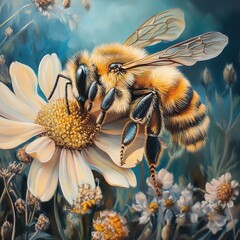 Detailed close-up painting of a bee on a daisy.  Soft focus on a fuzzy bee, golden-brown and black, with translucent wings,  hovering over a creamy-white daisy