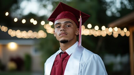 A determined young male graduate stands confidently in his cap and gown, showcasing a sense of accomplishment against a beautifully lit outdoor background.