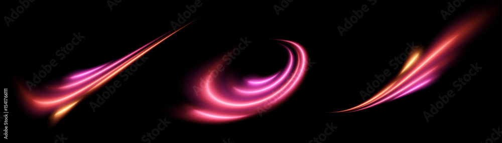 Poster curved light streams with bright glow in pink-orange tones on a black background. the effect of acce