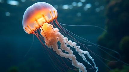 A jellyfish floating inside a lightbulb