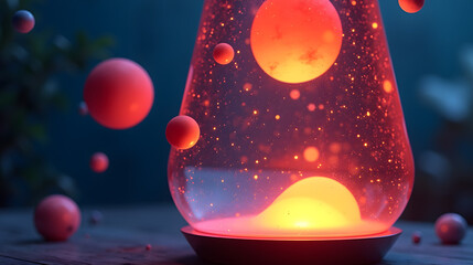 A lava lamp with miniature floating planets