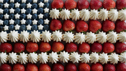 A flag-themed dessert arrangement made with fresh strawberries, blueberries, star-shaped marshmallows and white whipped cream.
