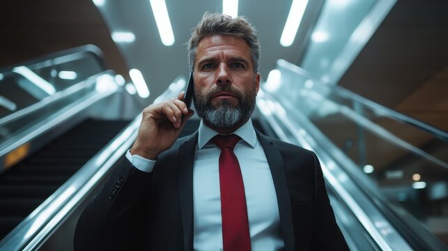 A confident businessman in a suit stands on an escalator speaking on his phone, embodying professionalism and determination in a corporate environment.