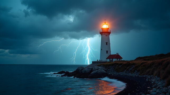 A lighthouse pulsing in a thunderstorm