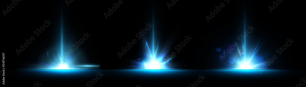 Aufkleber set of blue glowing energy flashes with vertical light rays on black background. light effect for de