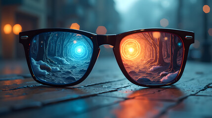A pair of glasses showing alternate realities