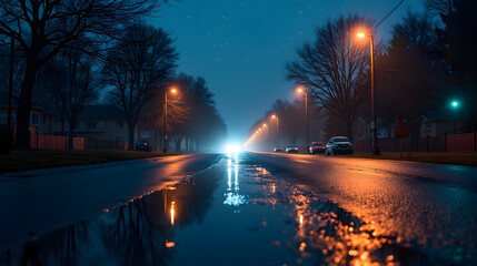 A night street where puddles mirror the stars