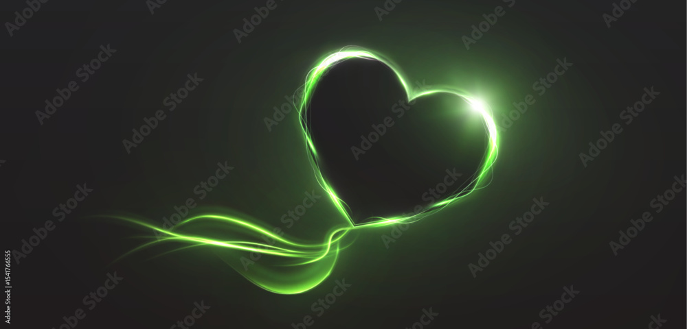 Poster bright glowing heart in green tones with smooth light flow on dark background. light effect for roma