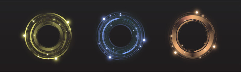 Abstract circular UI elements in neon colors. Suitable for futuristic design, gaming HUDs or sci-fi visuals.