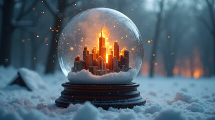 A snow globe containing a city on fire