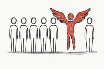 Sketch of a standout red figure with wings among plain figures, symbolizing uniqueness and leadership
