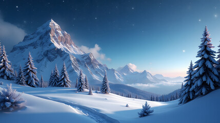 A snowy mountain where stars fall like snowflakes