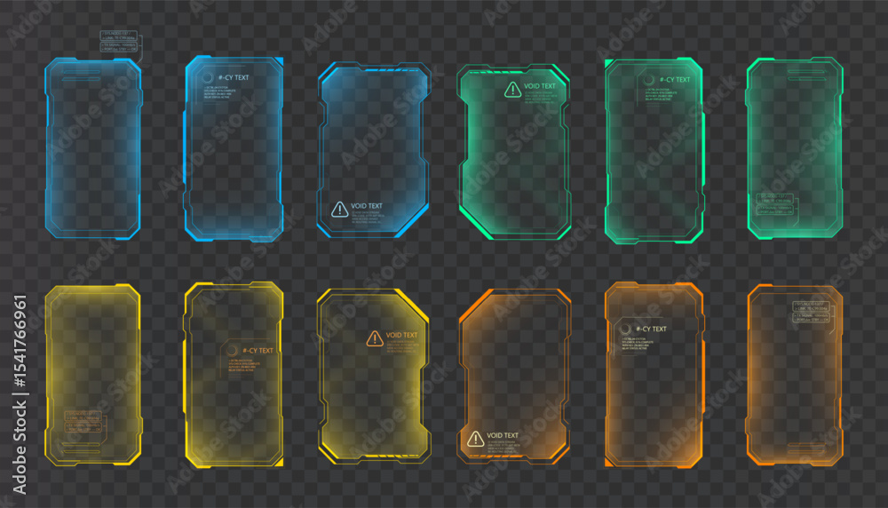 Poster Set of rectangular sci-fi interface frames with backlight for HUD design. Used in UI, games and techno animation.