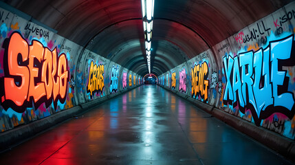 A subway tunnel with electric graffiti walls