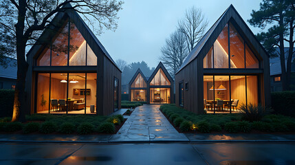 A street of glass houses glowing inside