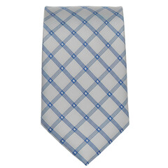 Silver necktie with blue diamond pattern and subtle texture