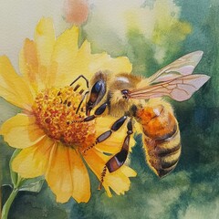 Watercolor bee on a yellow flower