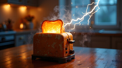 A toaster shooting out glowing lightning bolts