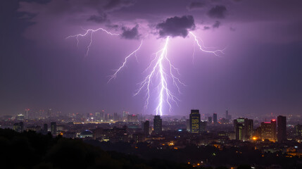 A thunderstorm over a city glowing purple