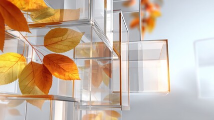 Futuristic autumn theme with floating glass panels and leaves encased in transparent layers, sleek reflective textures